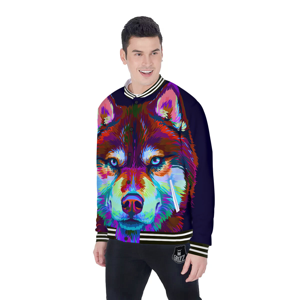 Portrait Siberian Husky Print Baseball Jacket-grizzshop