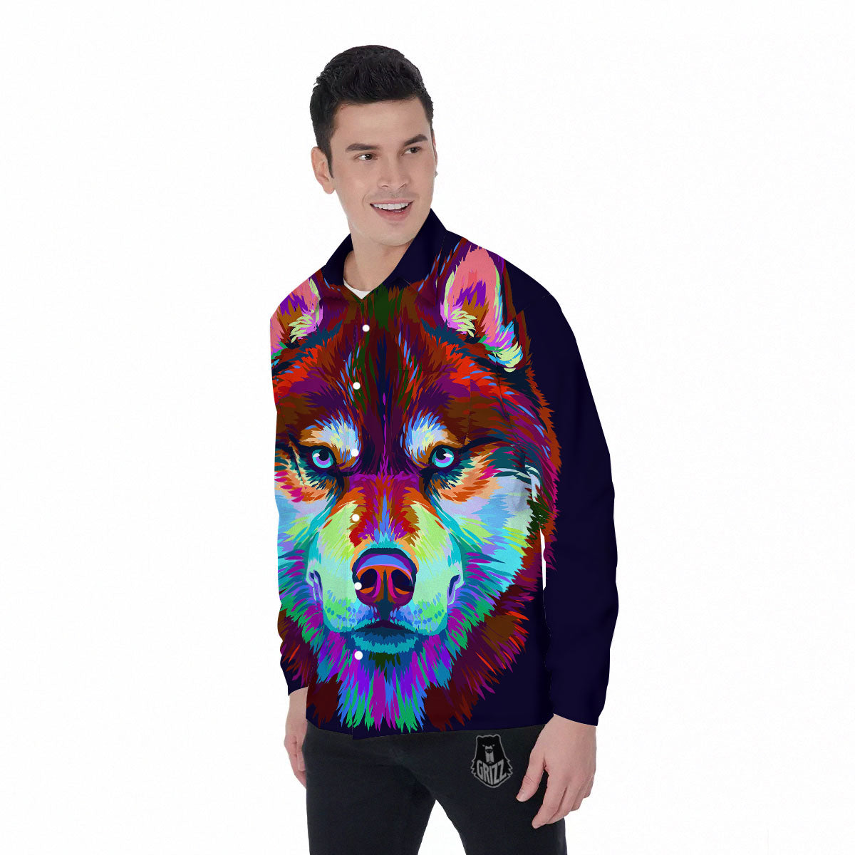 Portrait Siberian Husky Print Men's Long Sleeve Shirts-grizzshop