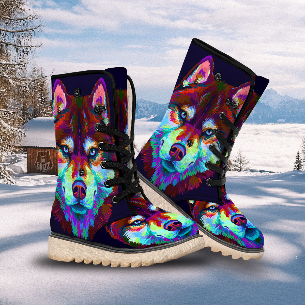 Portrait Siberian Husky Print Snow Boots-grizzshop
