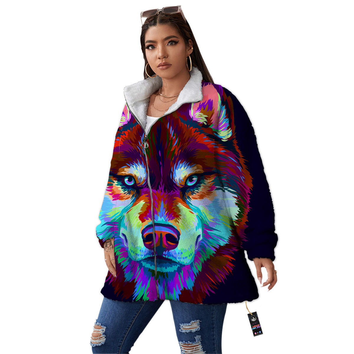 Portrait Siberian Husky Print Women's Sherpa Jacket-grizzshop