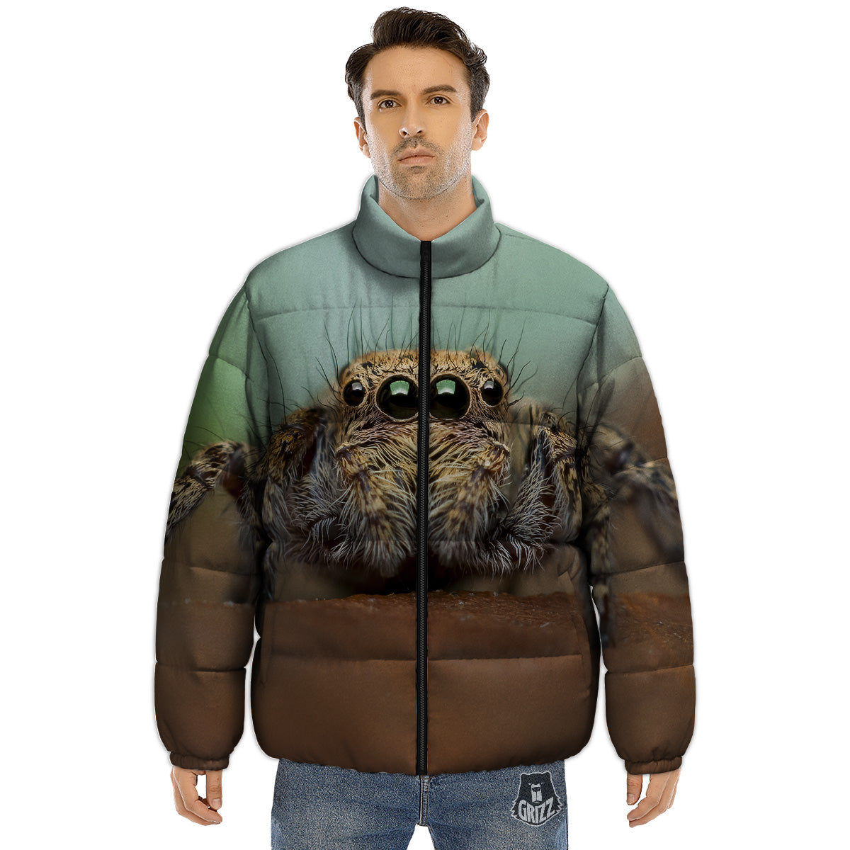 Portrait Spider Print Puffer Jacket-grizzshop