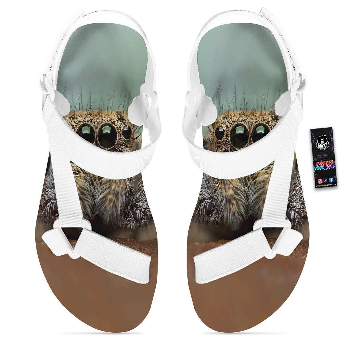 Portrait Spider Print White Open Toe Sandals-grizzshop