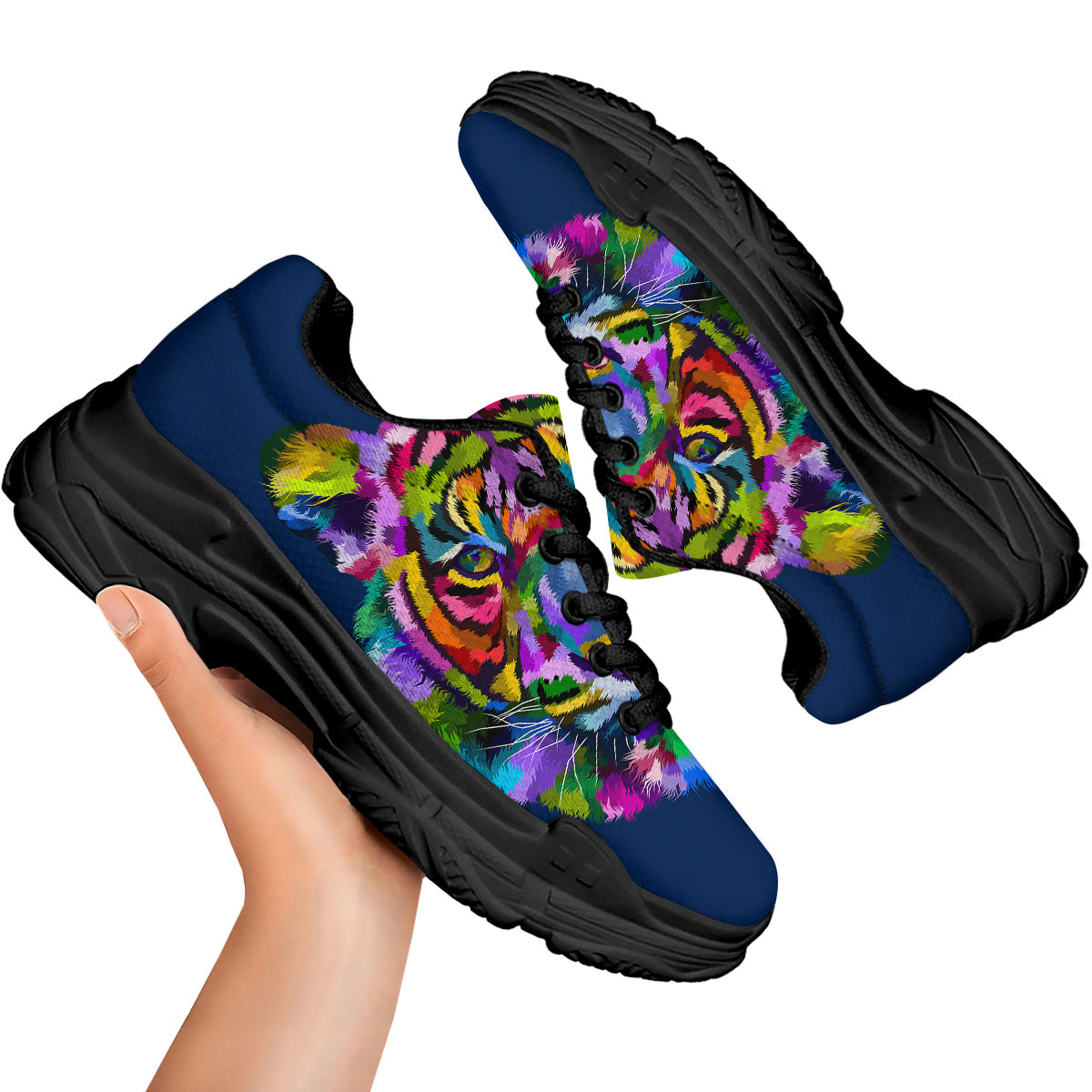 Portrait Tiger Colorful Print Black Chunky Shoes-grizzshop