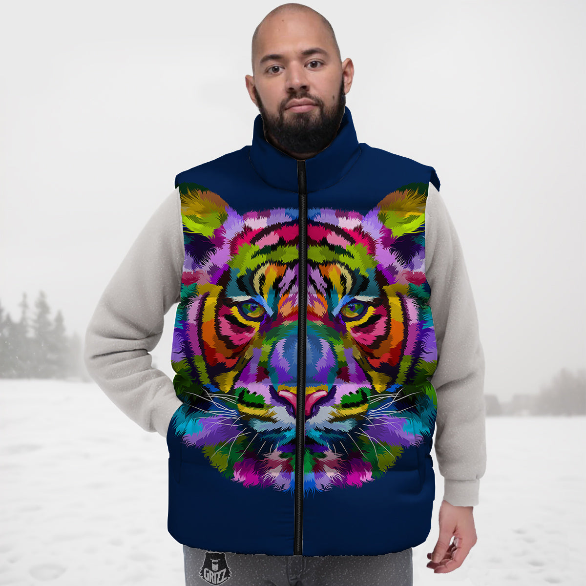 Portrait Tiger Colorful Print Down Vest