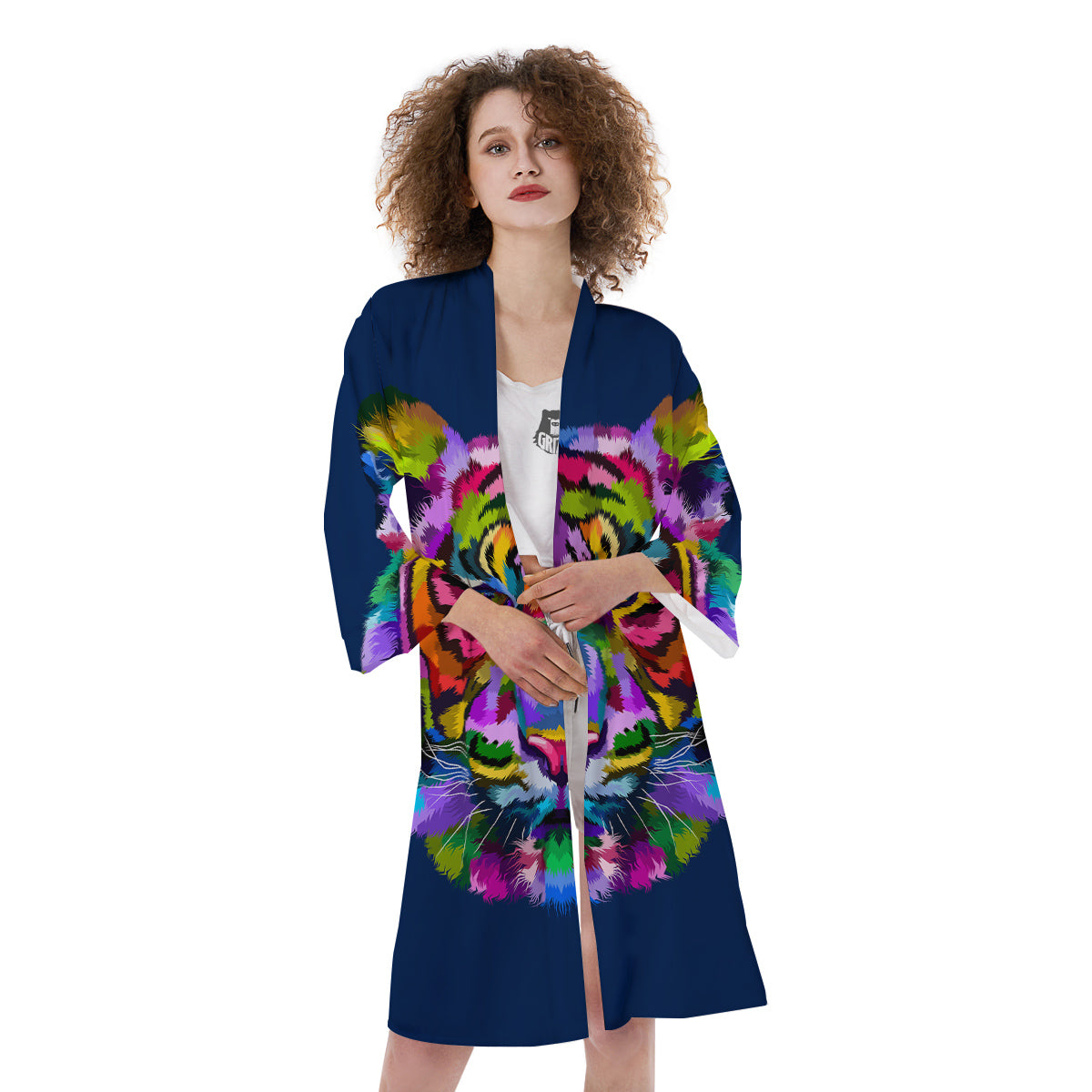 Portrait Tiger Colorful Print Kimono-grizzshop