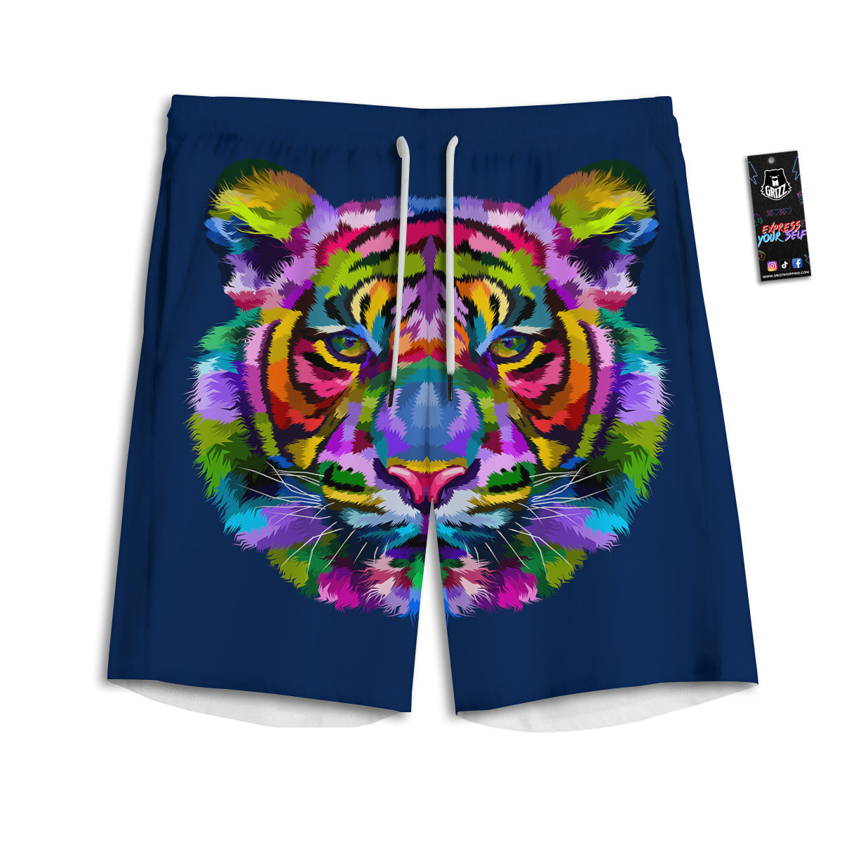 Portrait Tiger Colorful Print Men's Athletic Shorts