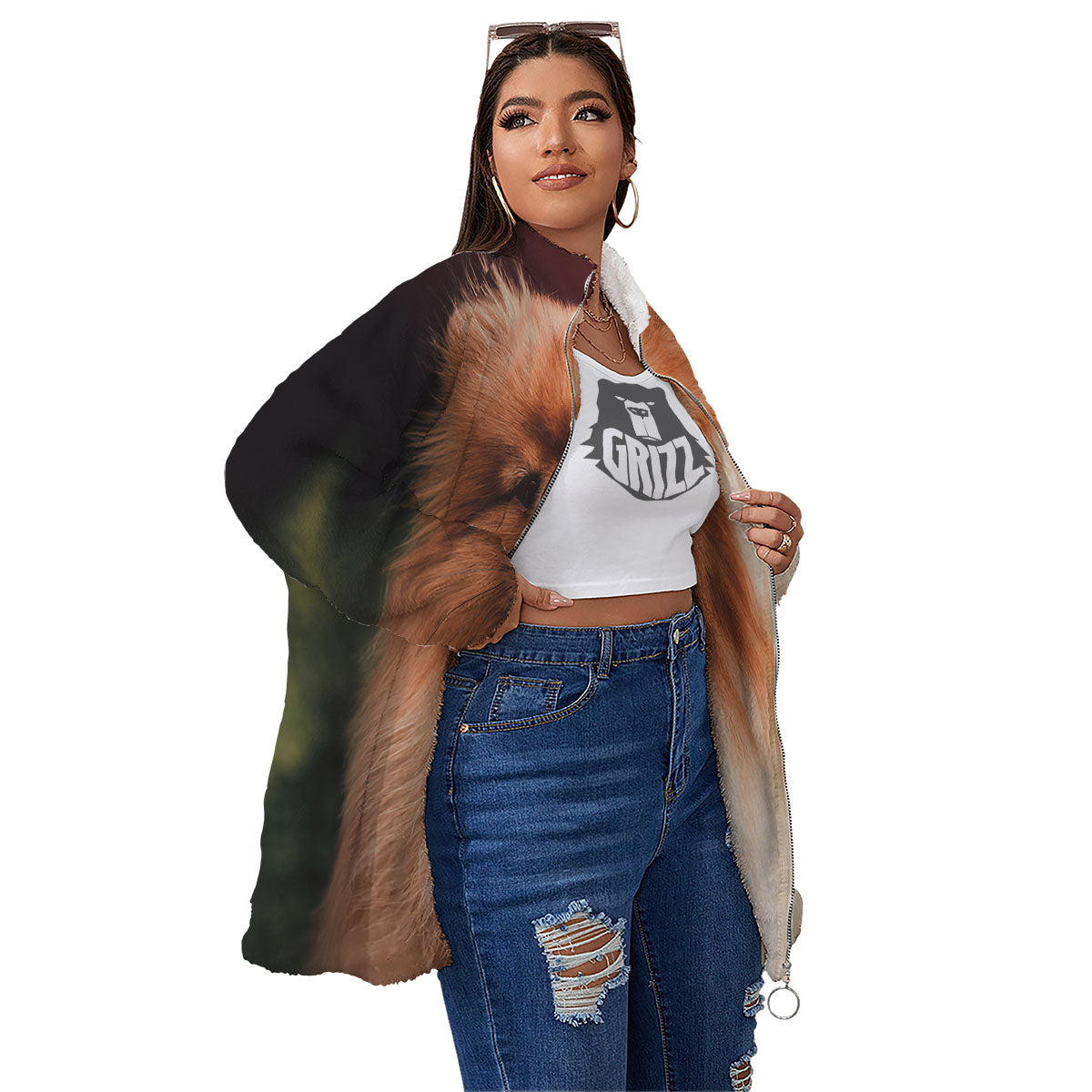 Portrait Vintage Pomeranian Women's Sherpa Jacket-grizzshop