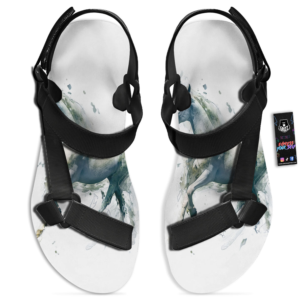 Portrait White Horse Print Black Open Toe Sandals-grizzshop