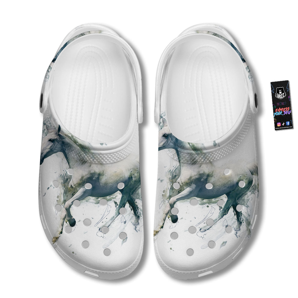Portrait White Horse Print Clog-grizzshop