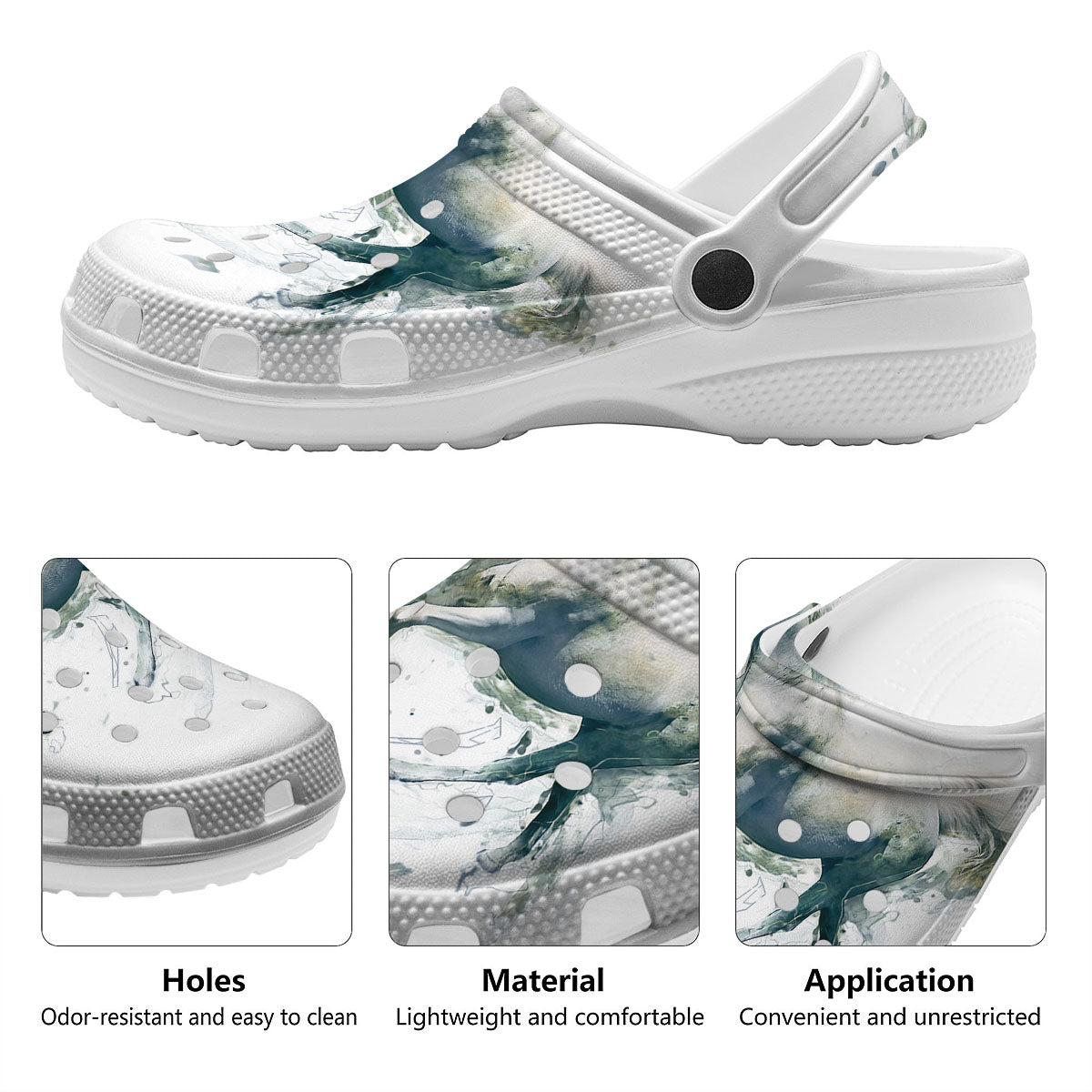 Portrait White Horse Print Clog-grizzshop