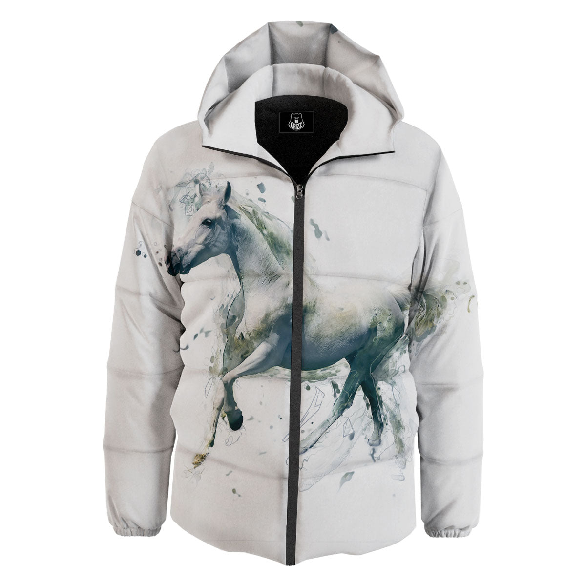 Portrait White Horse Print Down Jacket-grizzshop