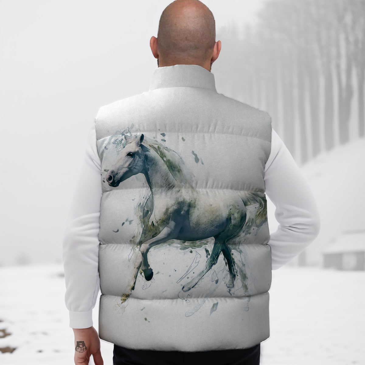 Portrait White Horse Print Down Vest