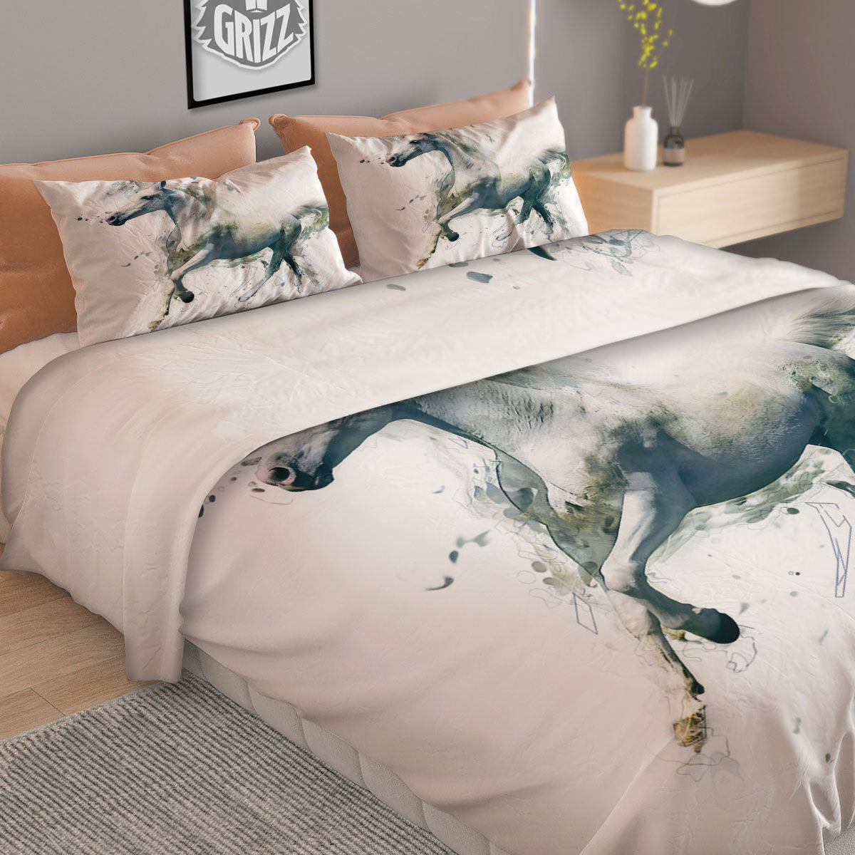 Portrait White Horse Print Duvet Cover Bedding Set