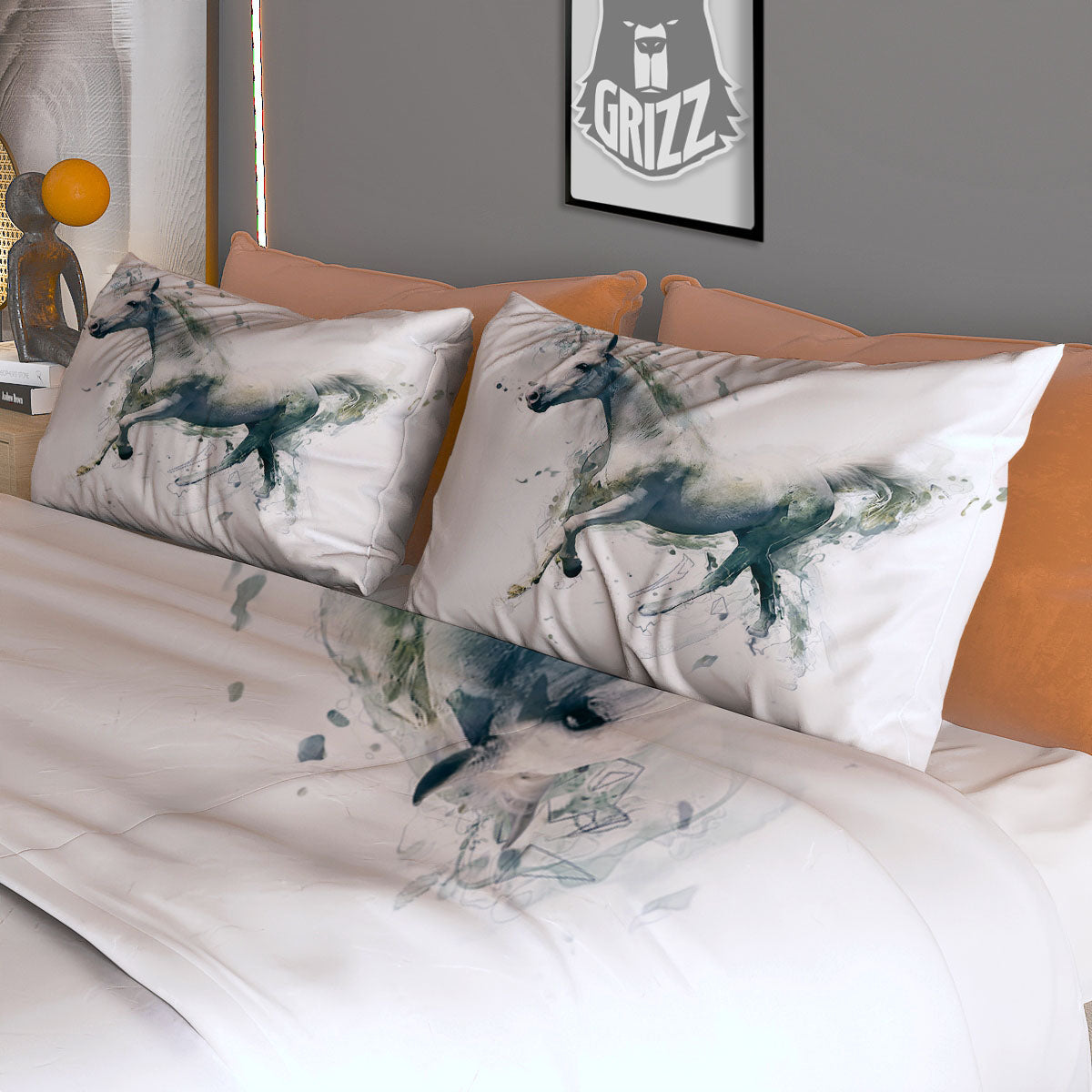 Portrait White Horse Print Duvet Cover Bedding Set