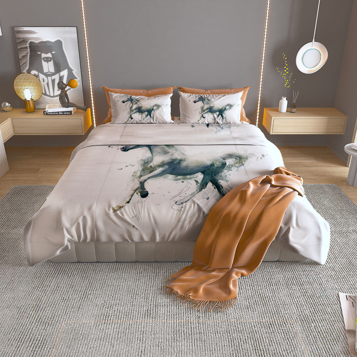 Portrait White Horse Print Duvet Cover Bedding Set