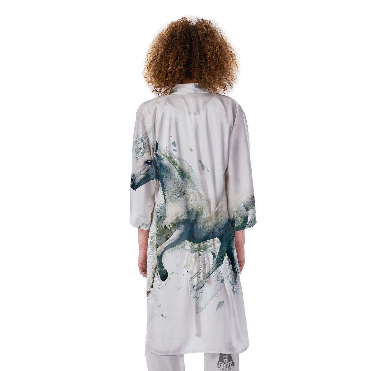 Portrait White Horse Print Kimono-grizzshop