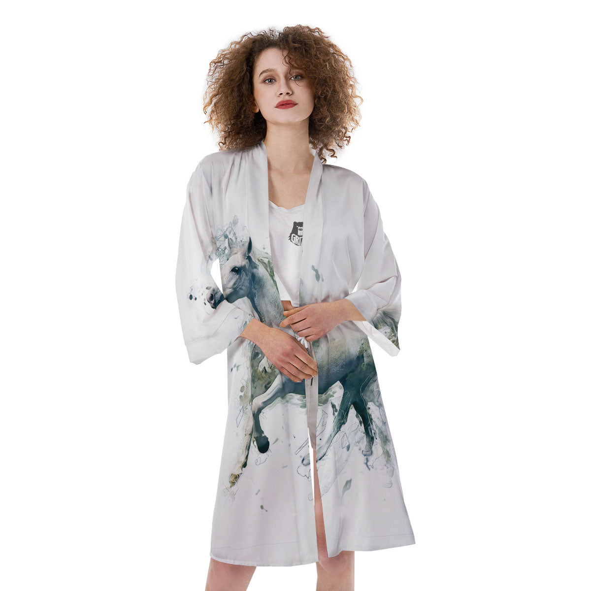 Portrait White Horse Print Kimono-grizzshop