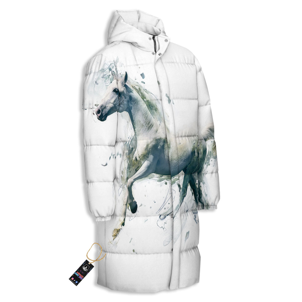 Portrait White Horse Print Long Down Jacket-grizzshop