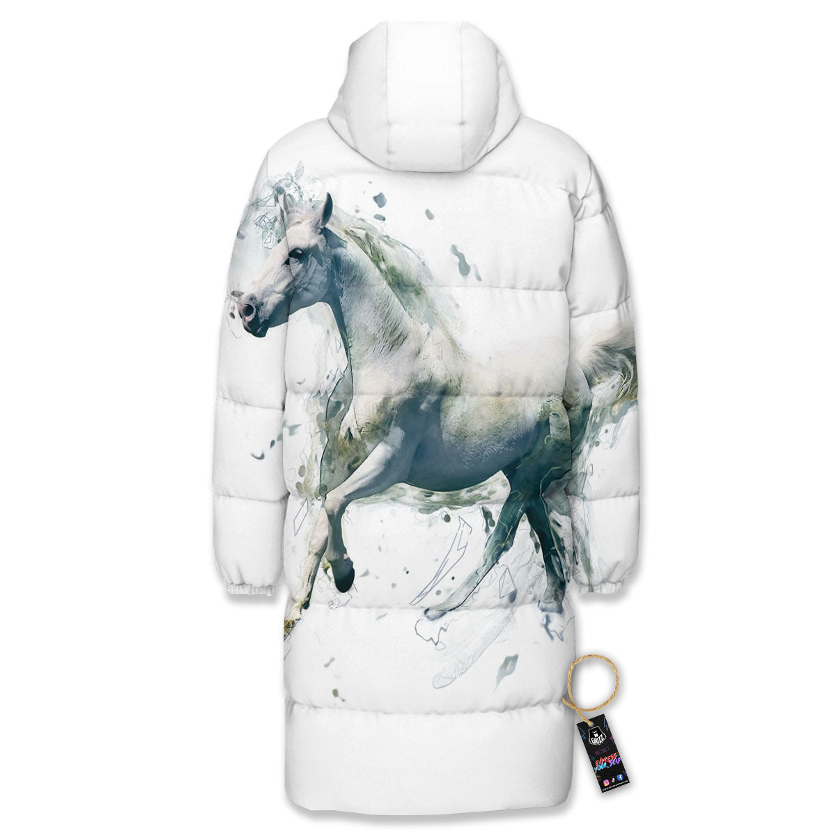 Portrait White Horse Print Long Down Jacket-grizzshop