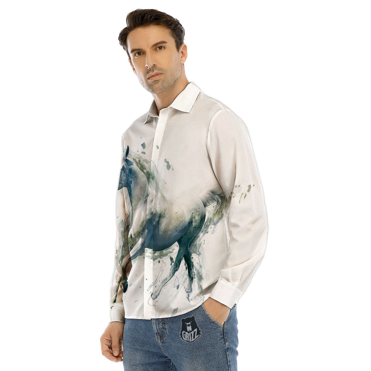 Portrait White Horse Print Men's Dress Shirts-grizzshop