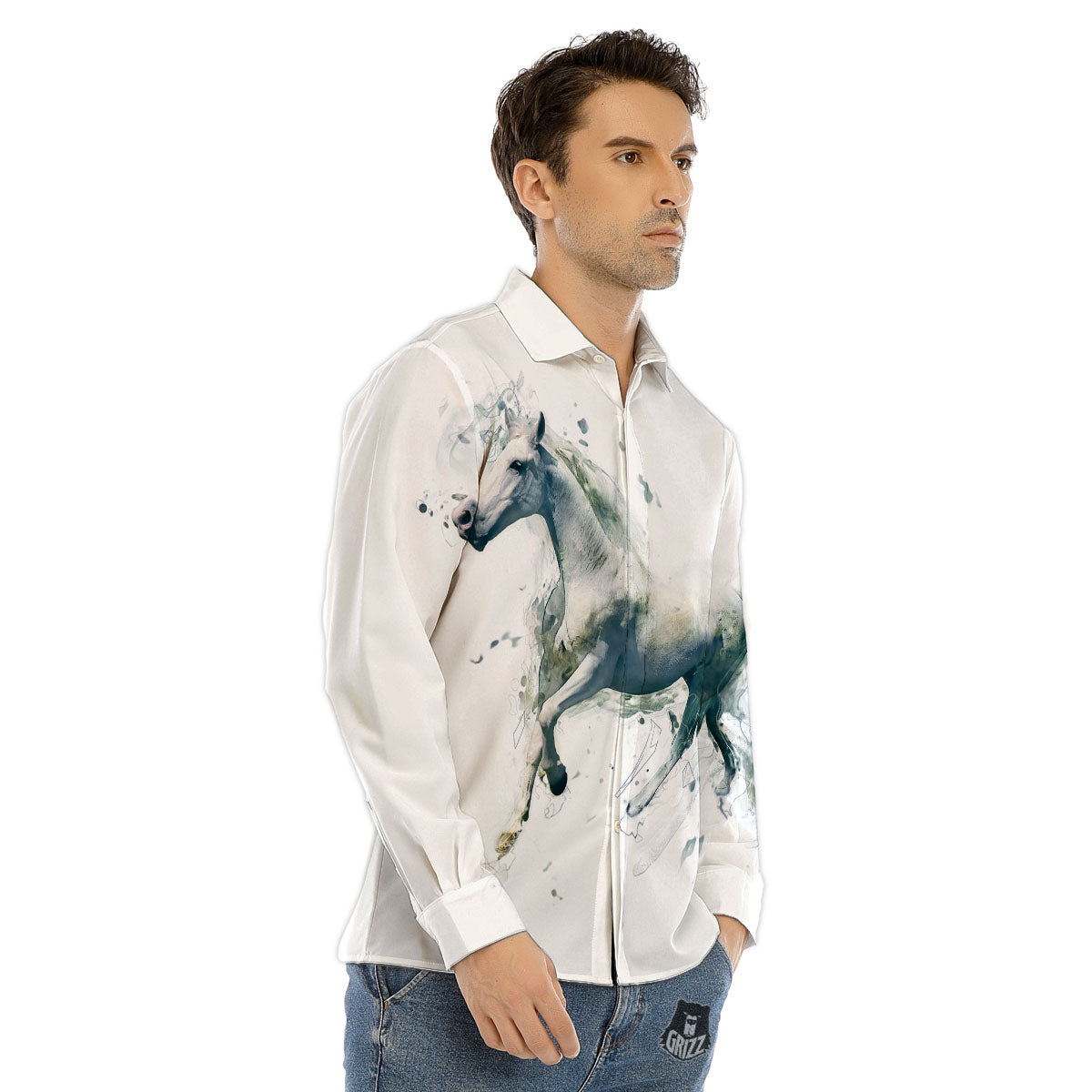 Portrait White Horse Print Men's Dress Shirts-grizzshop
