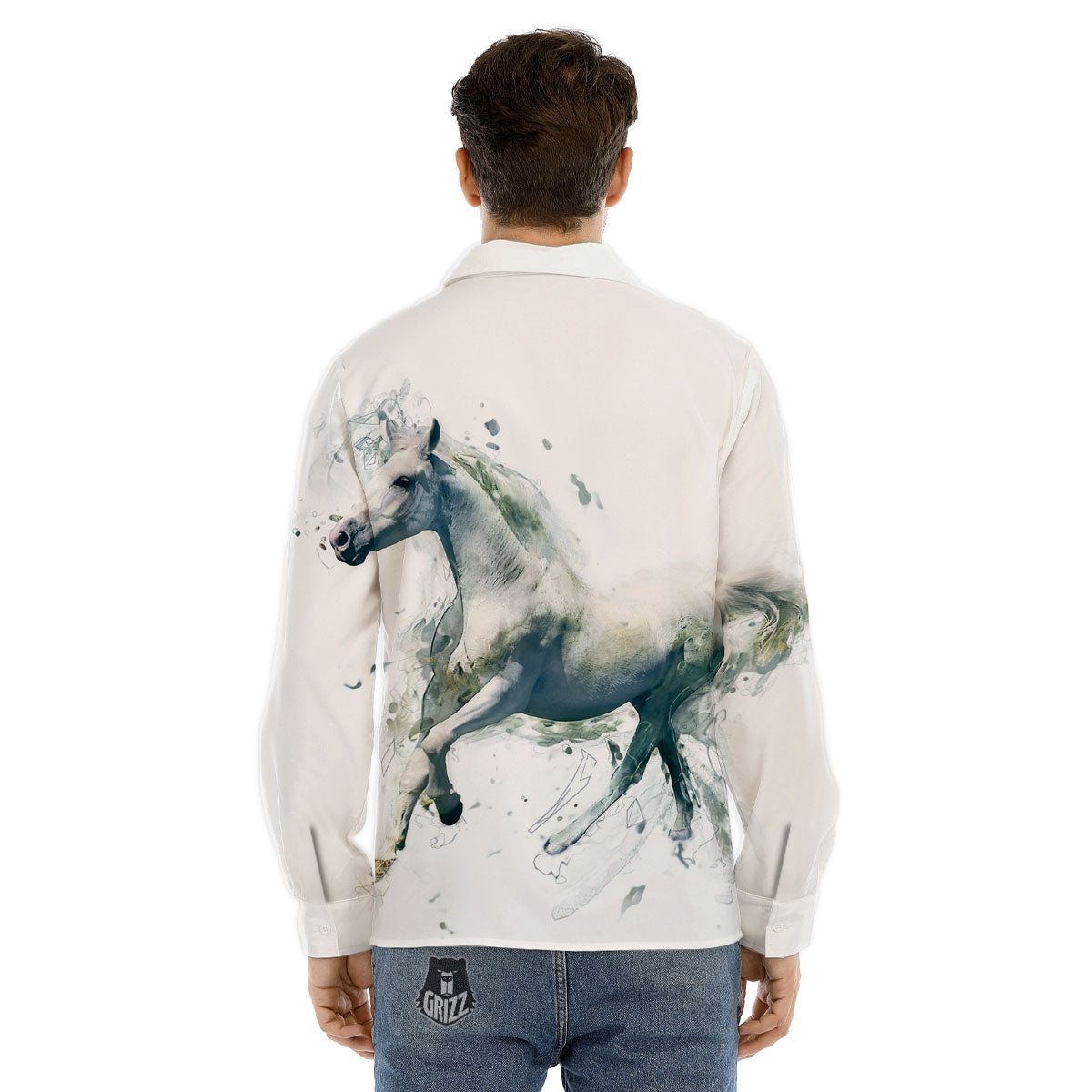 Portrait White Horse Print Men's Dress Shirts-grizzshop