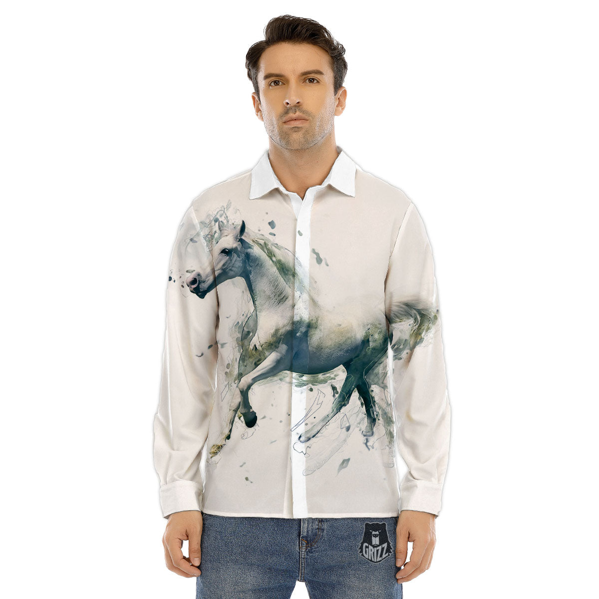 Portrait White Horse Print Men's Dress Shirts-grizzshop