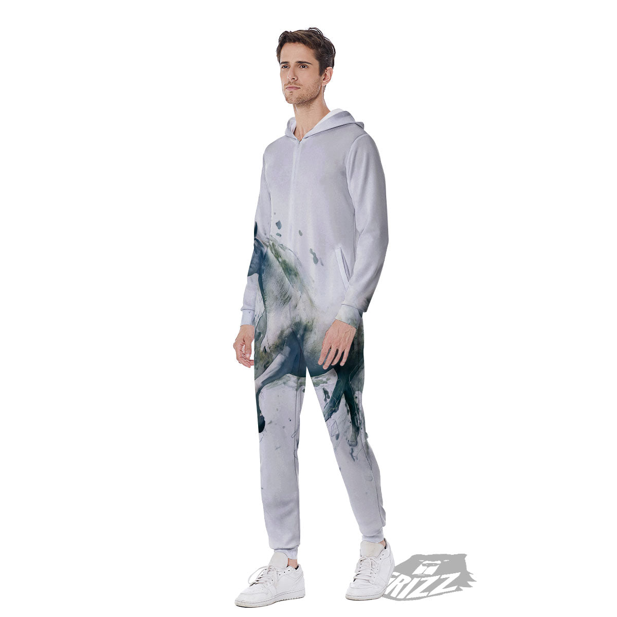 Portrait White Horse Print Men's Jumpsuit-grizzshop