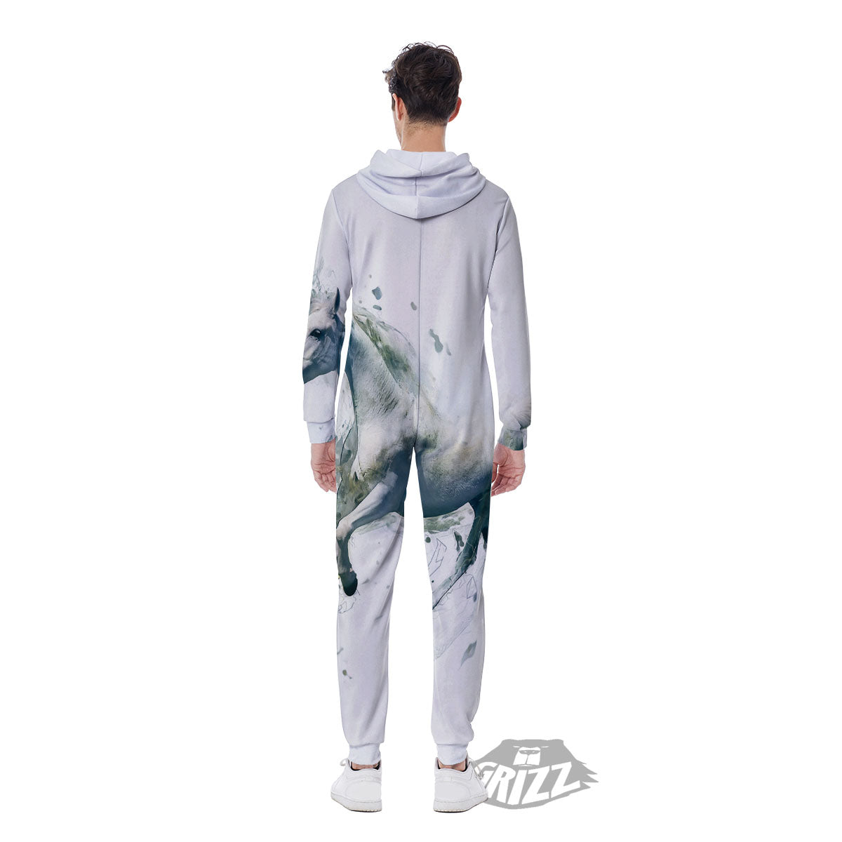 Portrait White Horse Print Men's Jumpsuit-grizzshop