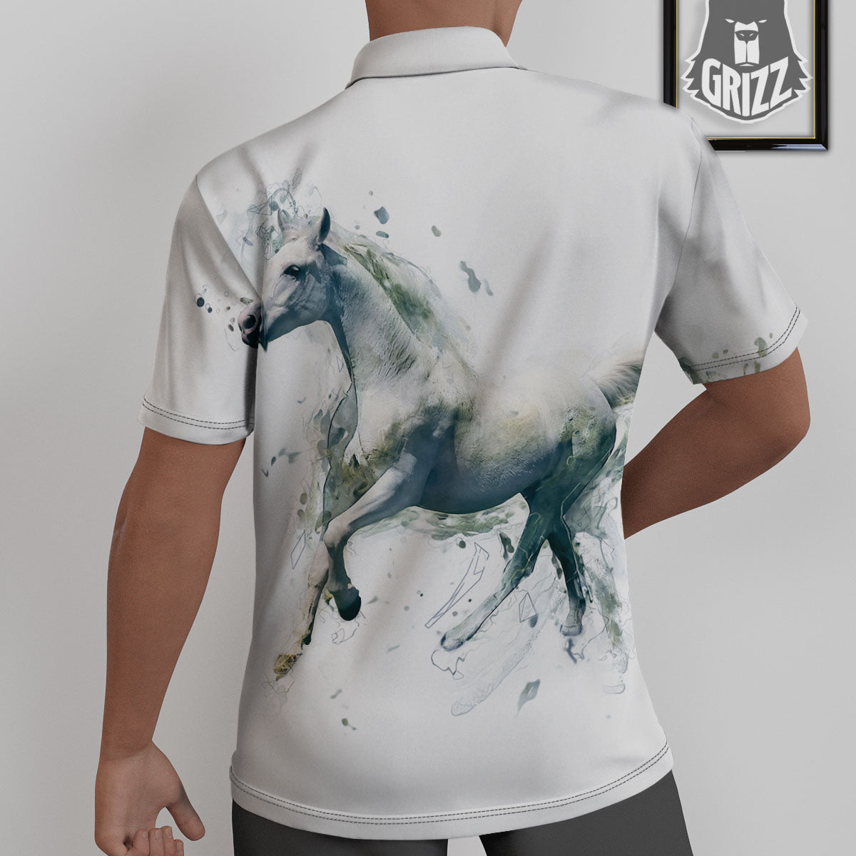 Portrait White Horse Print Untucked Shirts-grizzshop