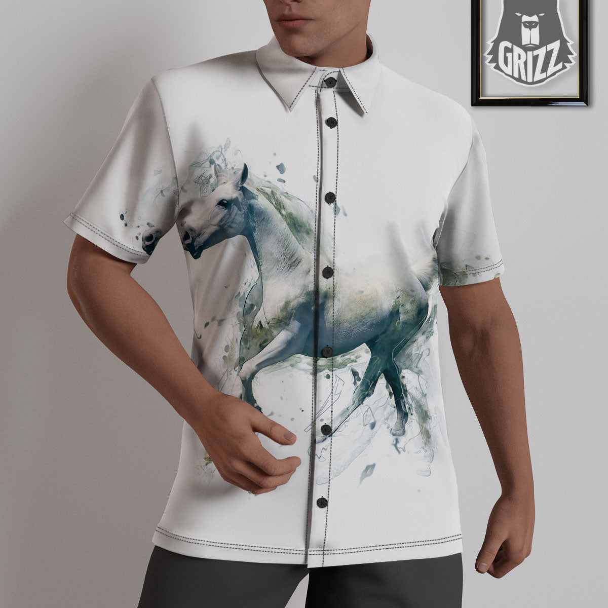 Portrait White Horse Print Untucked Shirts-grizzshop