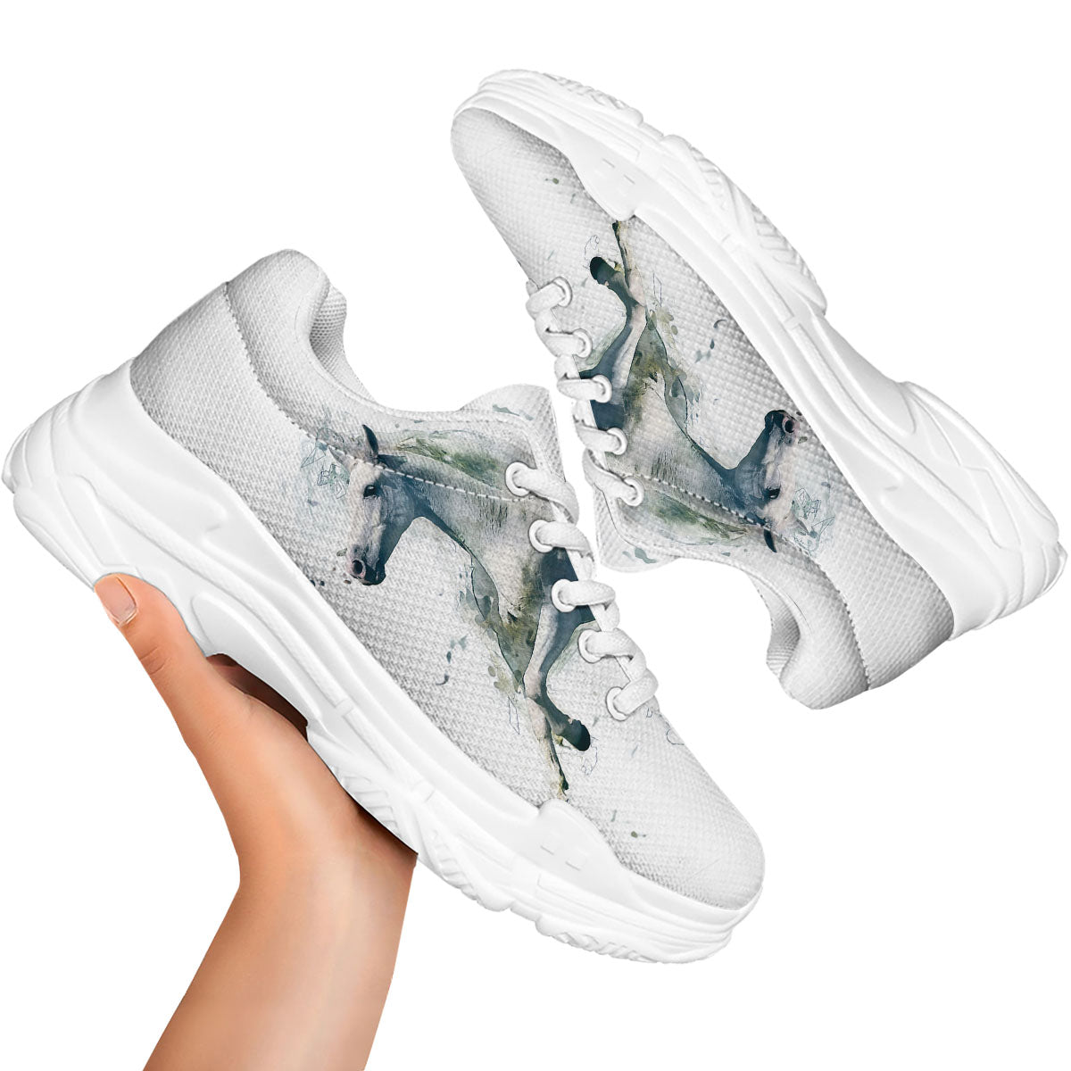 Portrait White Horse Print White Chunky Shoes-grizzshop