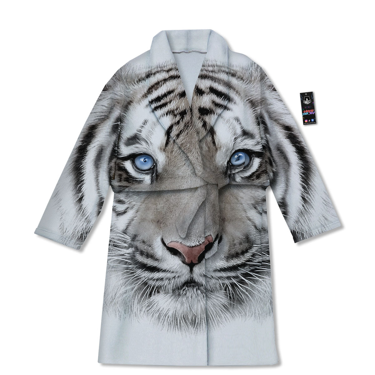 Portrait White Tiger Print Bathrobe-grizzshop