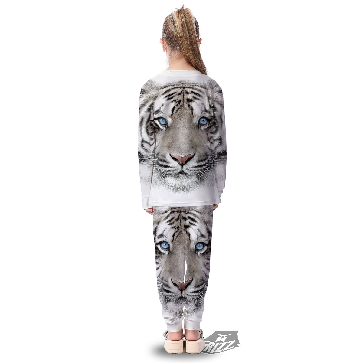 Portrait White Tiger Print Kid's Pajamas-grizzshop