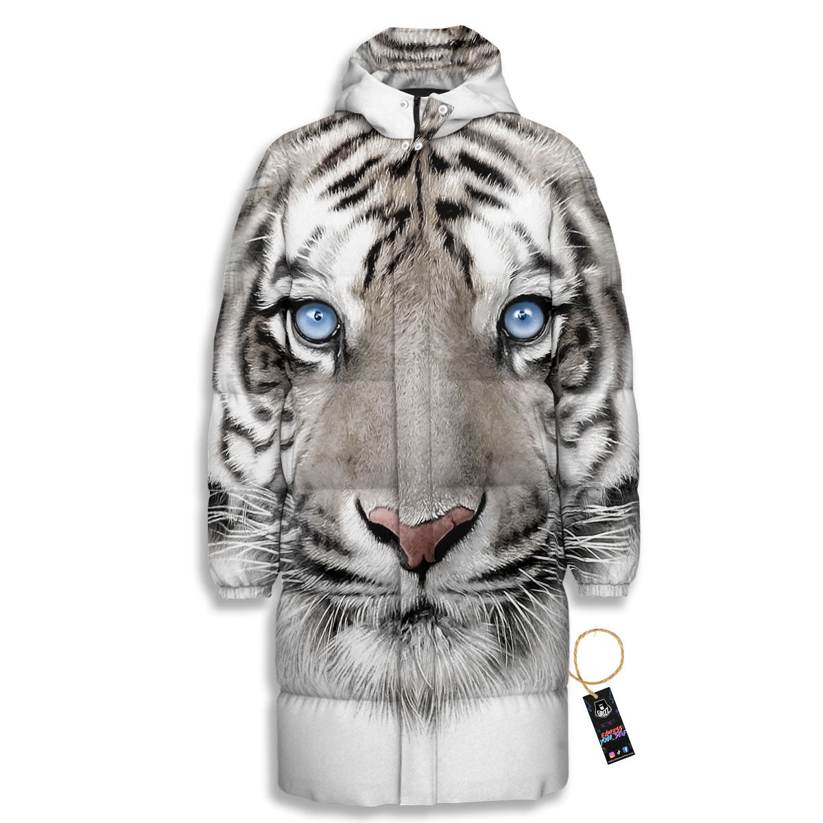 Portrait White Tiger Print Long Down Jacket-grizzshop