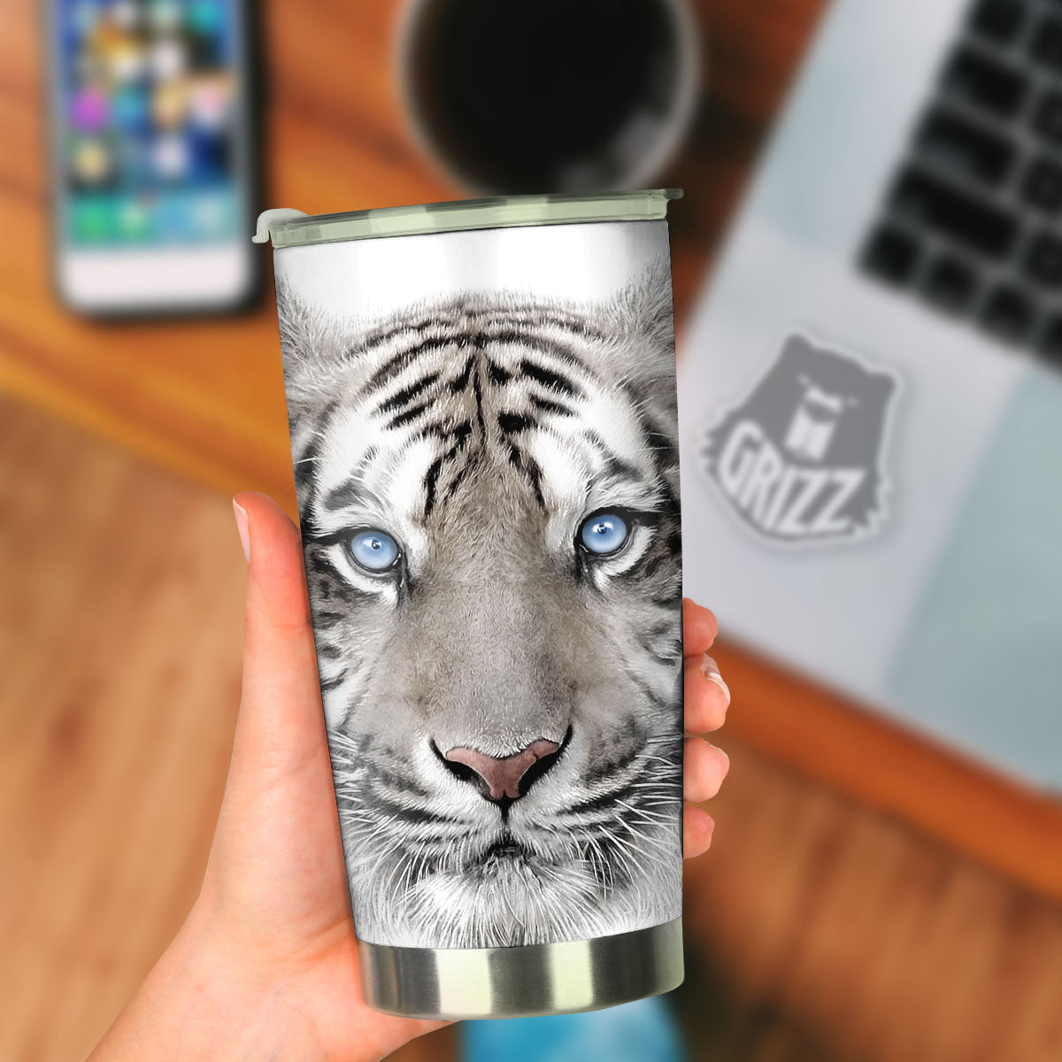 Portrait White Tiger Print Tumbler-grizzshop