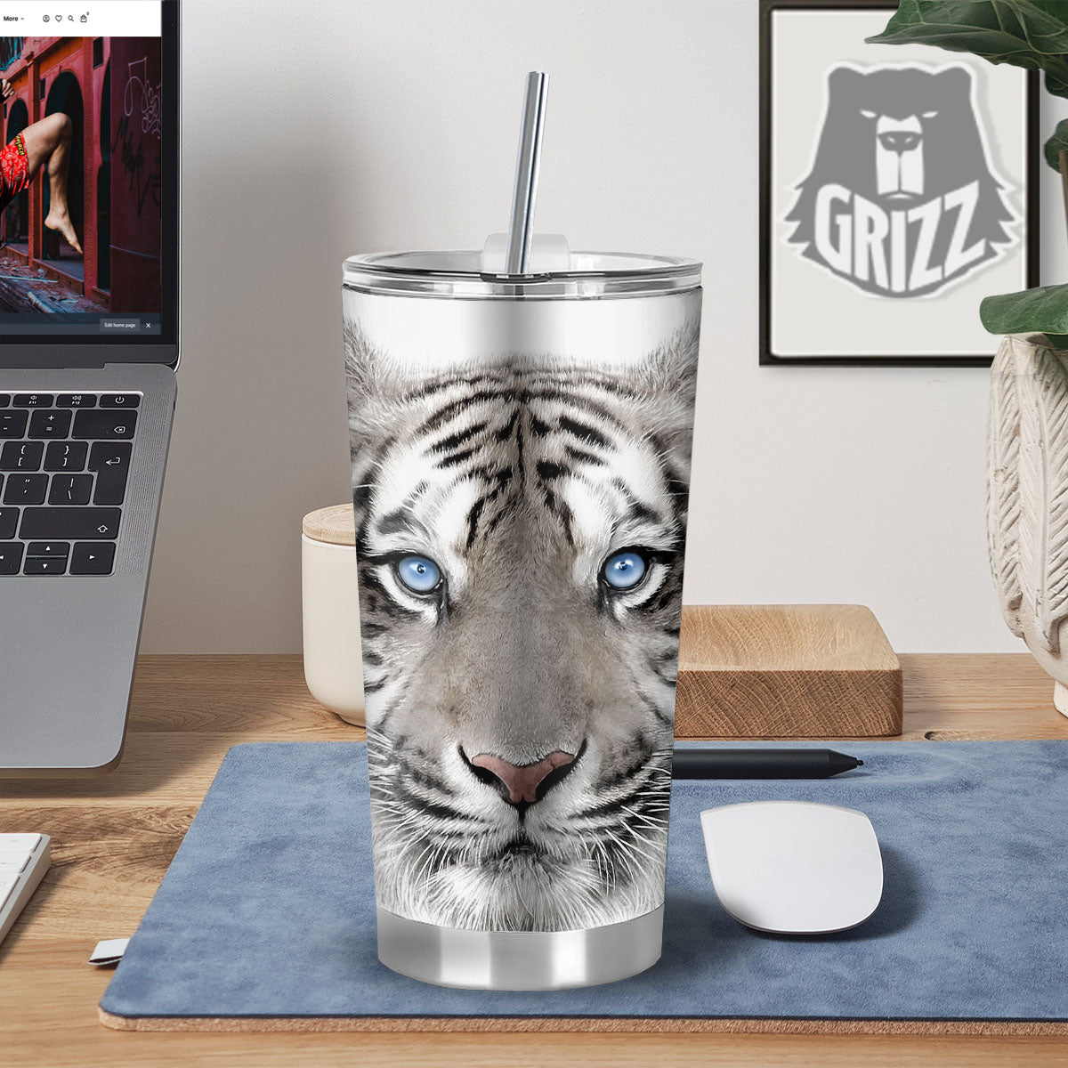 Portrait White Tiger Print Tumbler-grizzshop