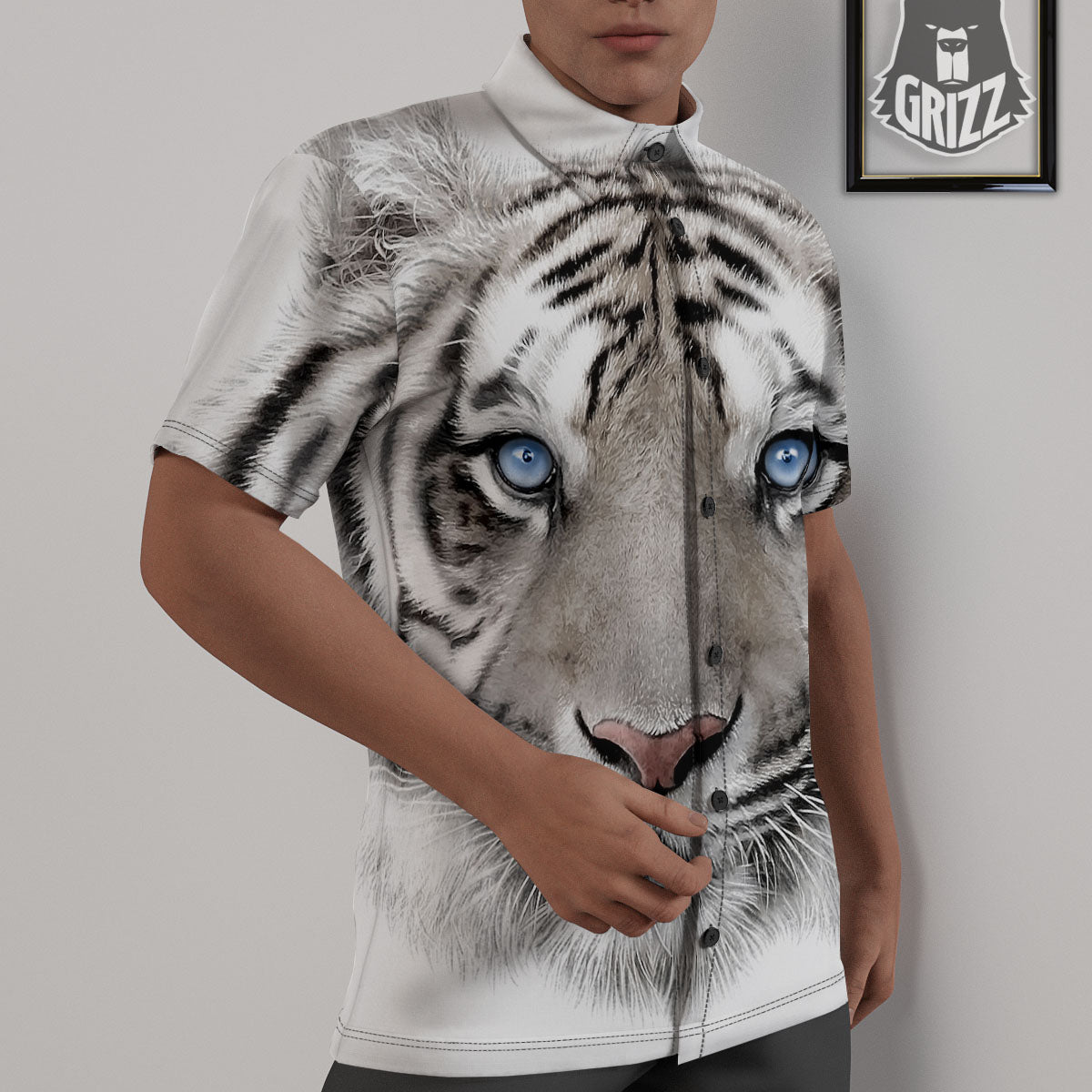 Portrait White Tiger Print Untucked Shirts-grizzshop