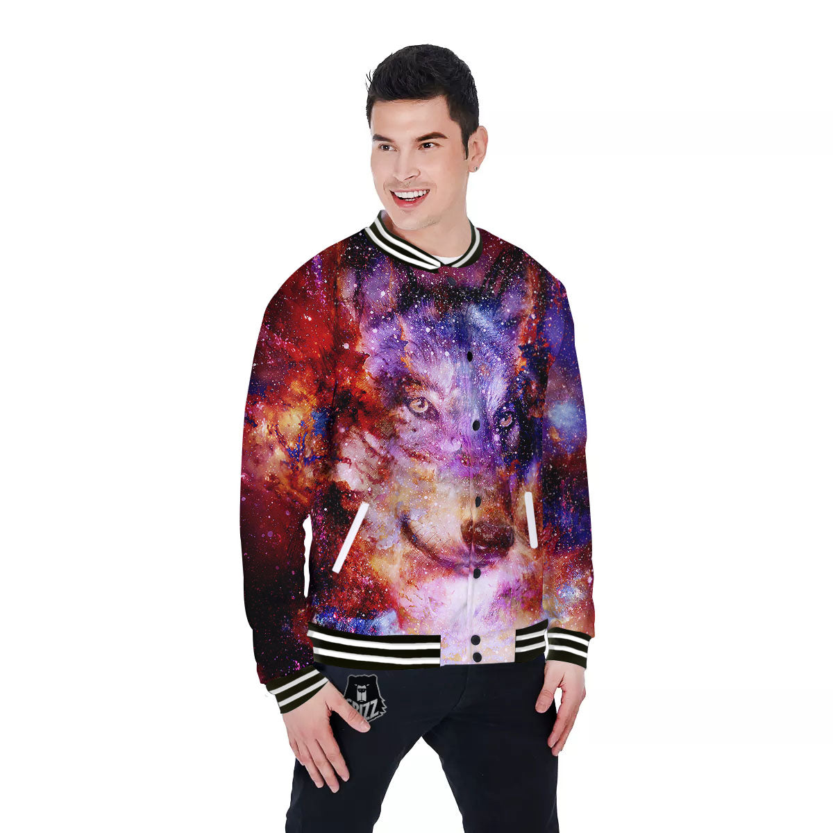 Portrait Wolf Galaxy Print Baseball Jacket-grizzshop