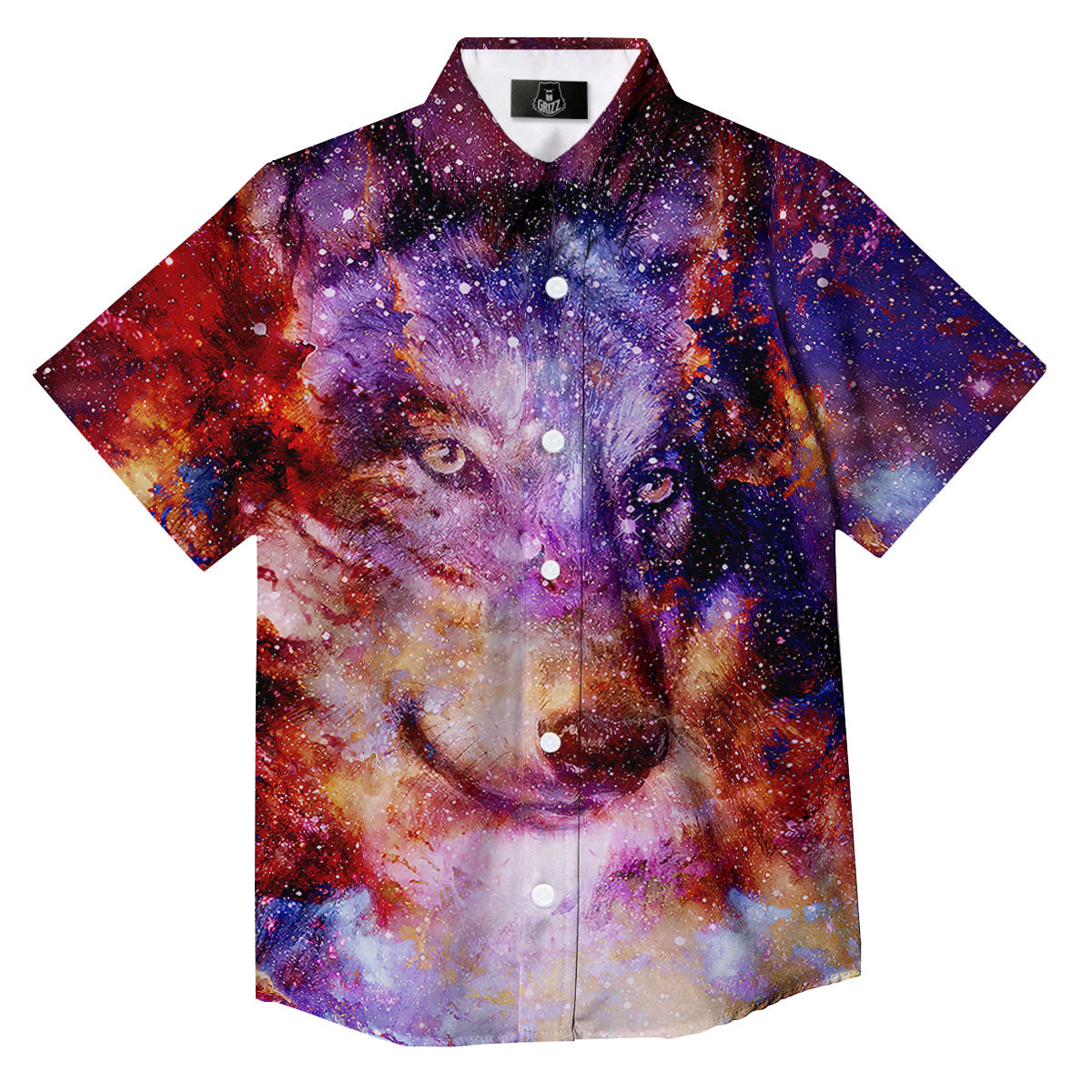 Portrait Wolf Galaxy Print Button Up Shirt-grizzshop