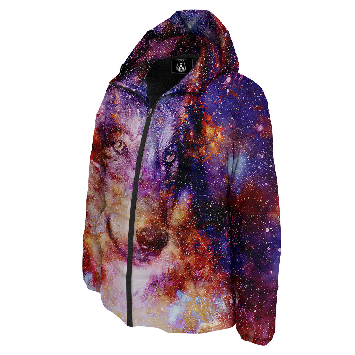 Portrait Wolf Galaxy Print Down Jacket-grizzshop