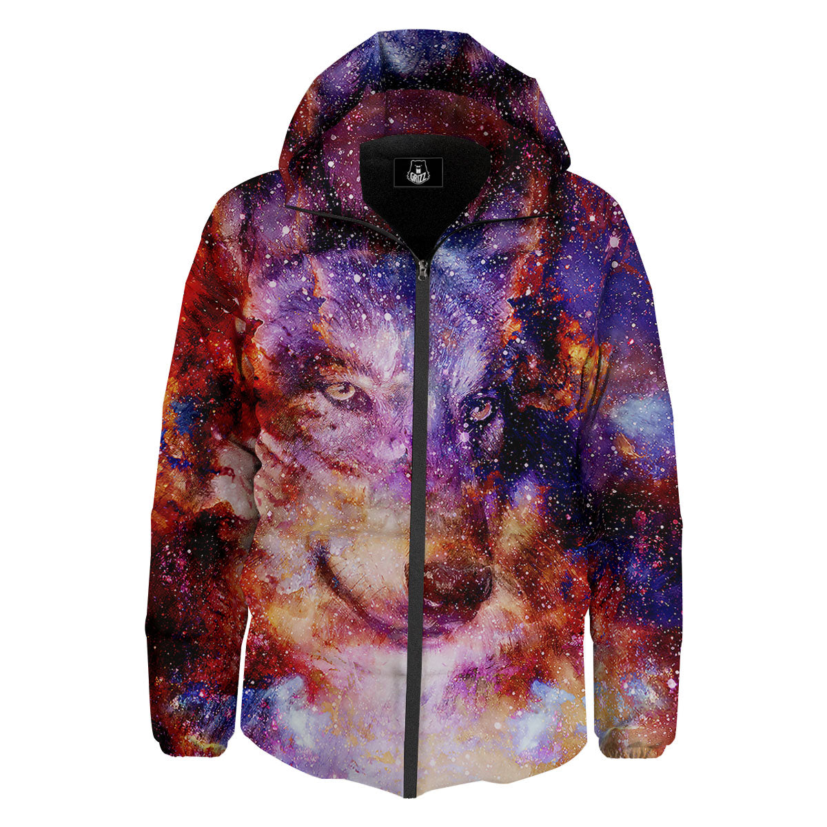 Portrait Wolf Galaxy Print Down Jacket-grizzshop