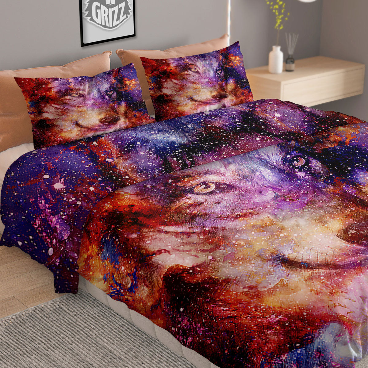 Portrait Wolf Galaxy Print Duvet Cover Bedding Set