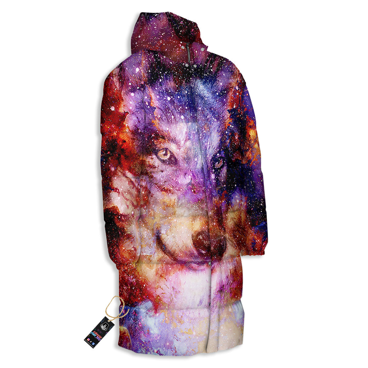 Portrait Wolf Galaxy Print Long Down Jacket-grizzshop
