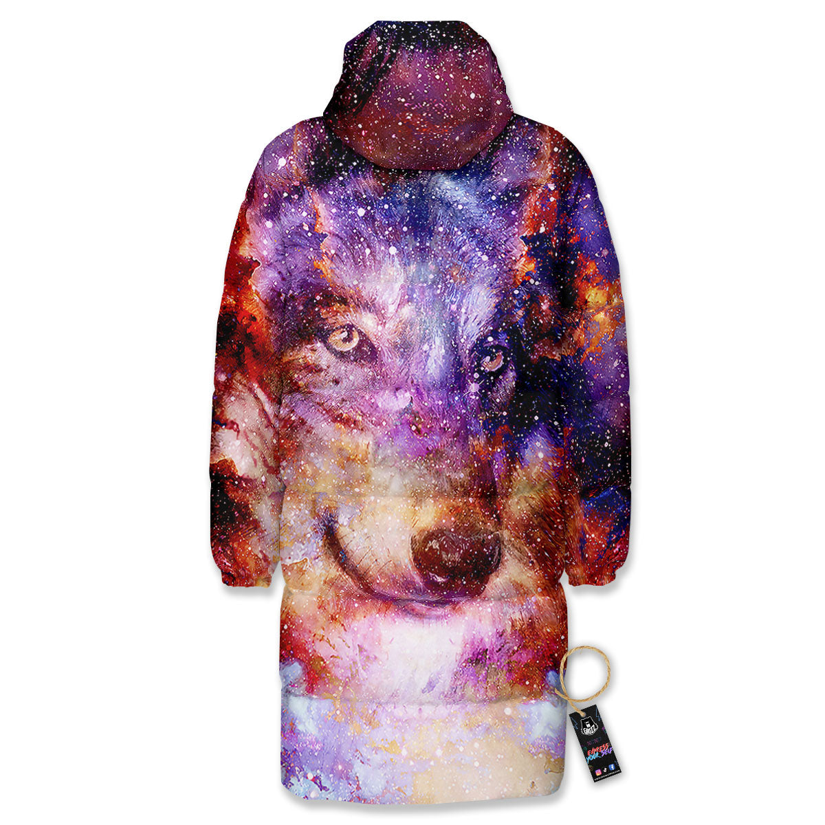 Portrait Wolf Galaxy Print Long Down Jacket-grizzshop