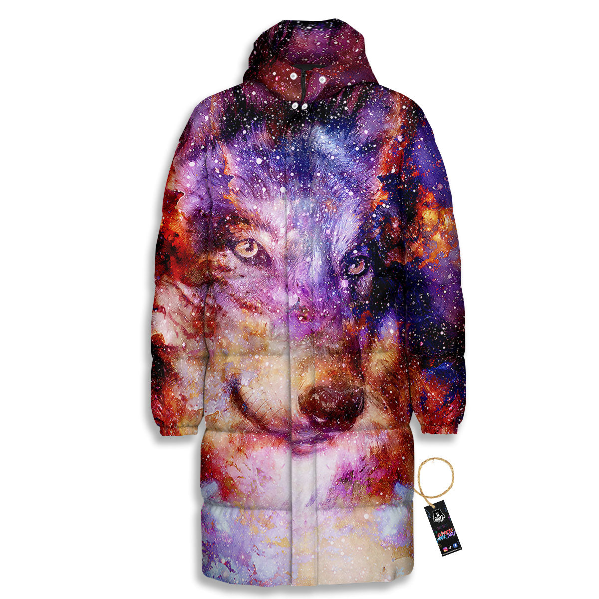 Portrait Wolf Galaxy Print Long Down Jacket-grizzshop