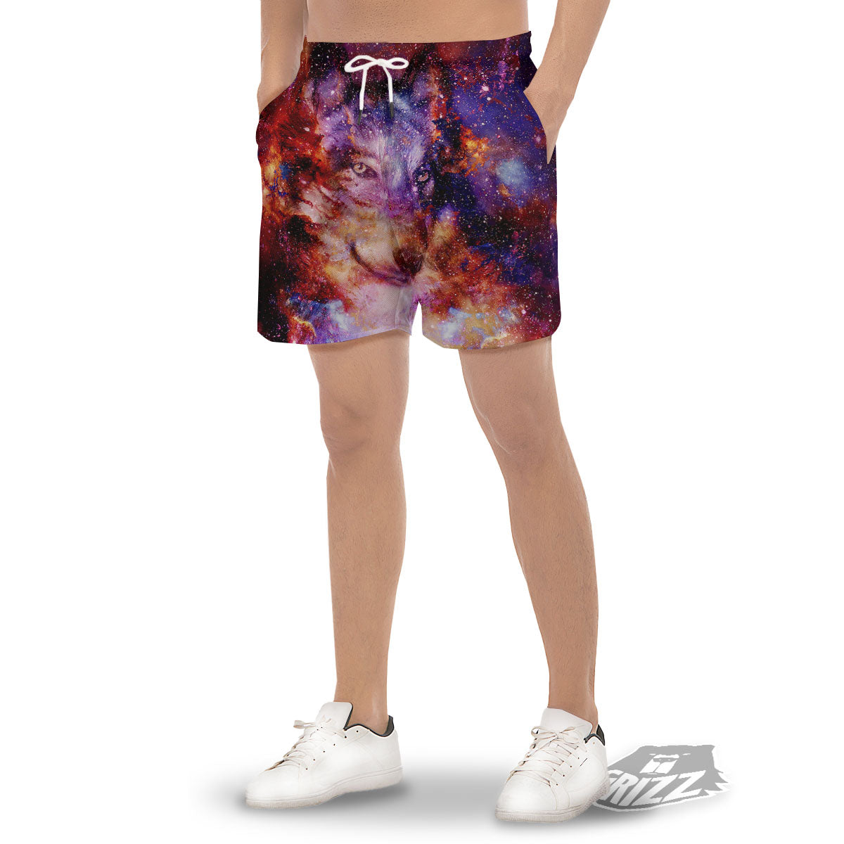 Portrait Wolf Galaxy Print Men's Gym Shorts-grizzshop
