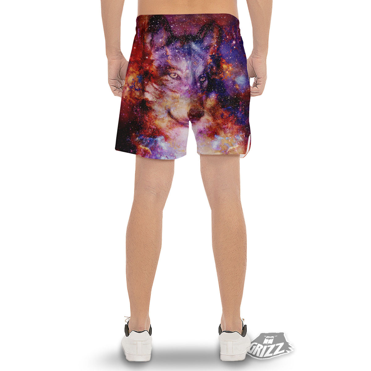 Portrait Wolf Galaxy Print Men's Gym Shorts-grizzshop