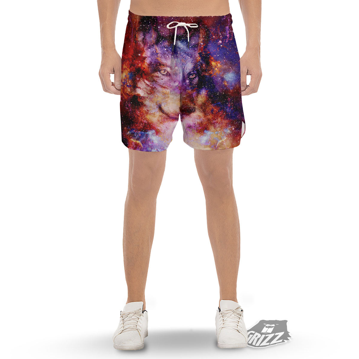 Portrait Wolf Galaxy Print Men's Gym Shorts-grizzshop