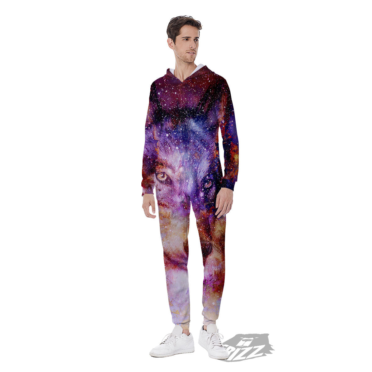 Portrait Wolf Galaxy Print Men's Jumpsuit-grizzshop